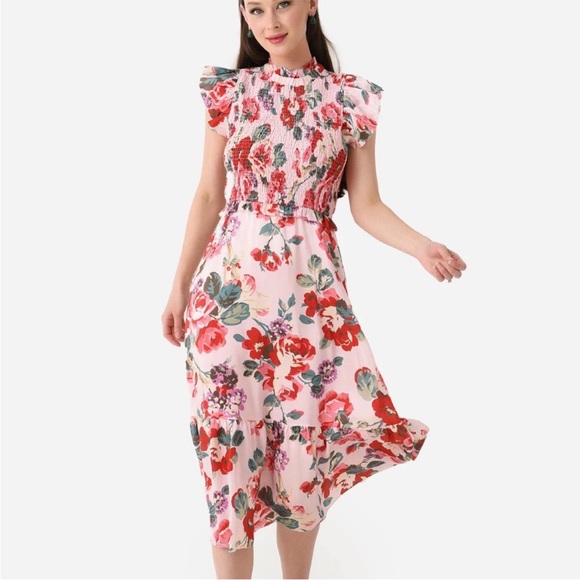 Sea New York Dresses & Skirts - Sea New York Lanie Floral Smocked Midi Dress 100% Silk Pink floral Size Medium M